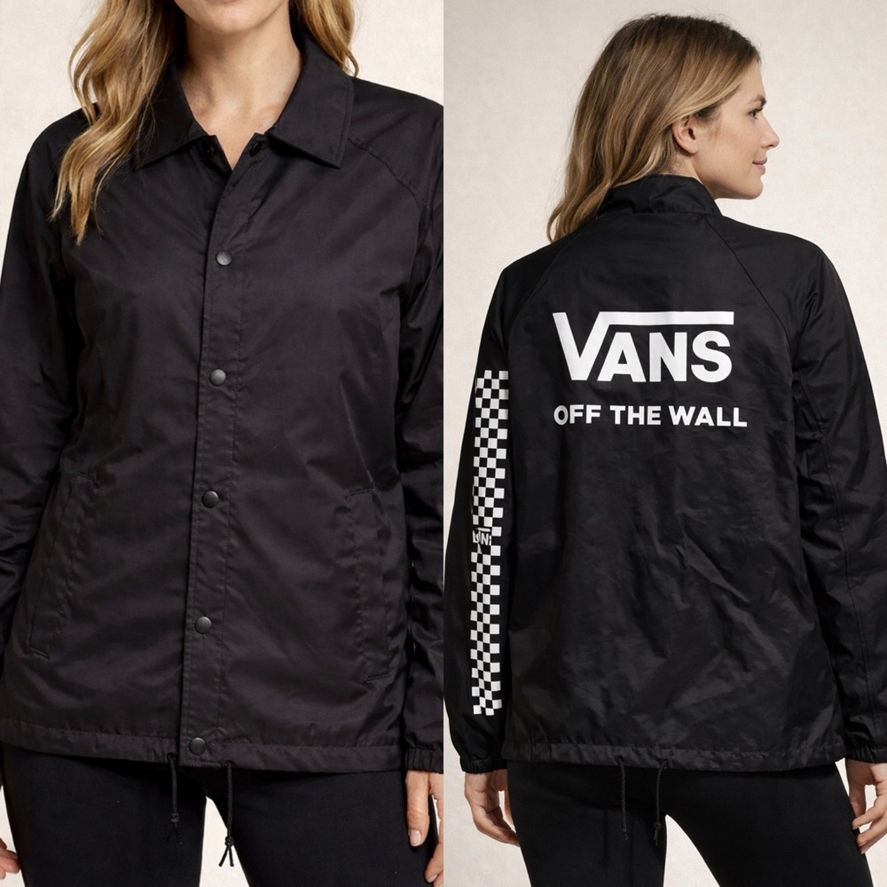 Vans Off The Wall Coaches Jacket Women M Black Checkerboard Logo Streetwear EUC